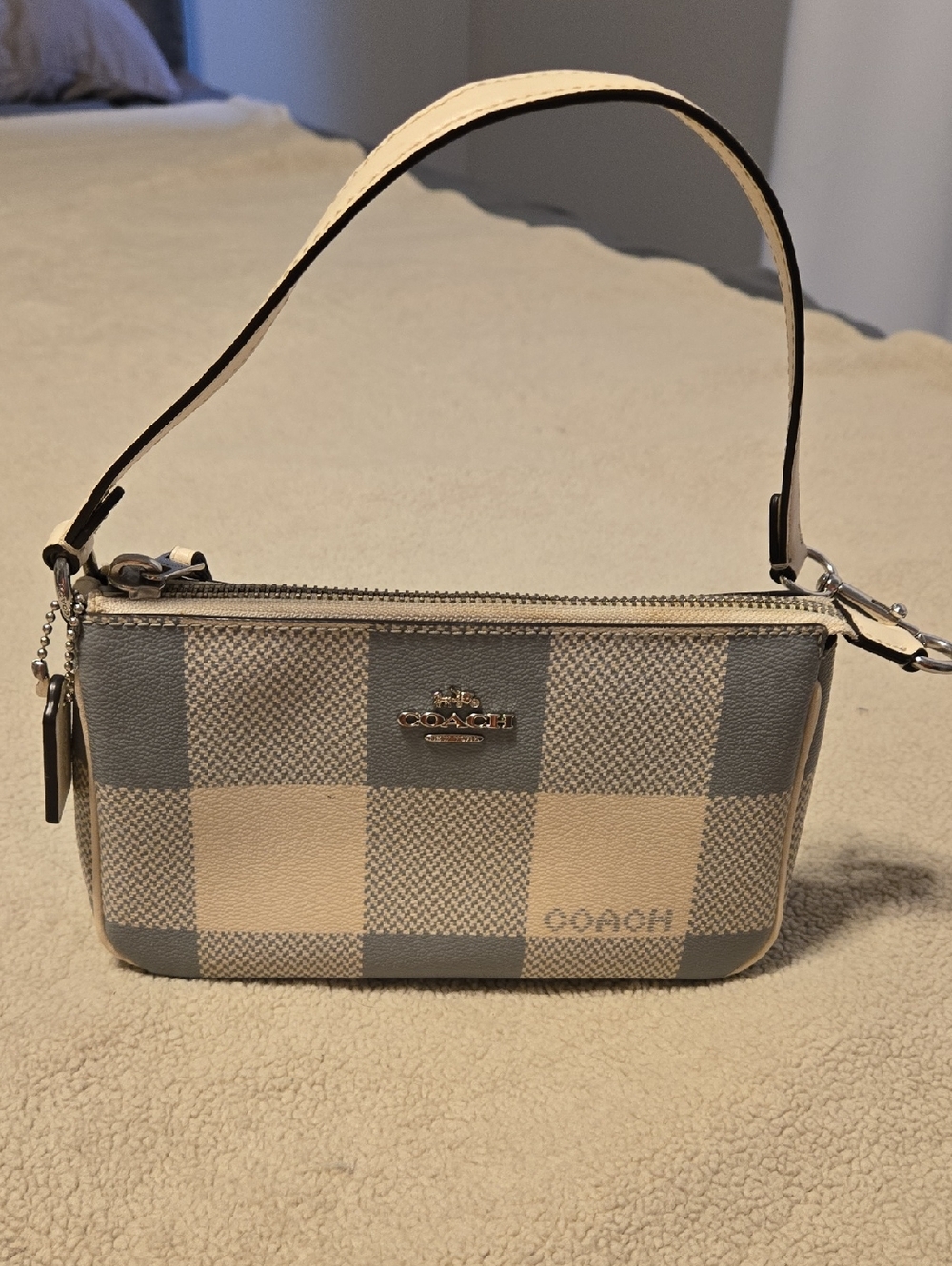 Coach Checker Canvas Mini Wristlet in Cream & Gray